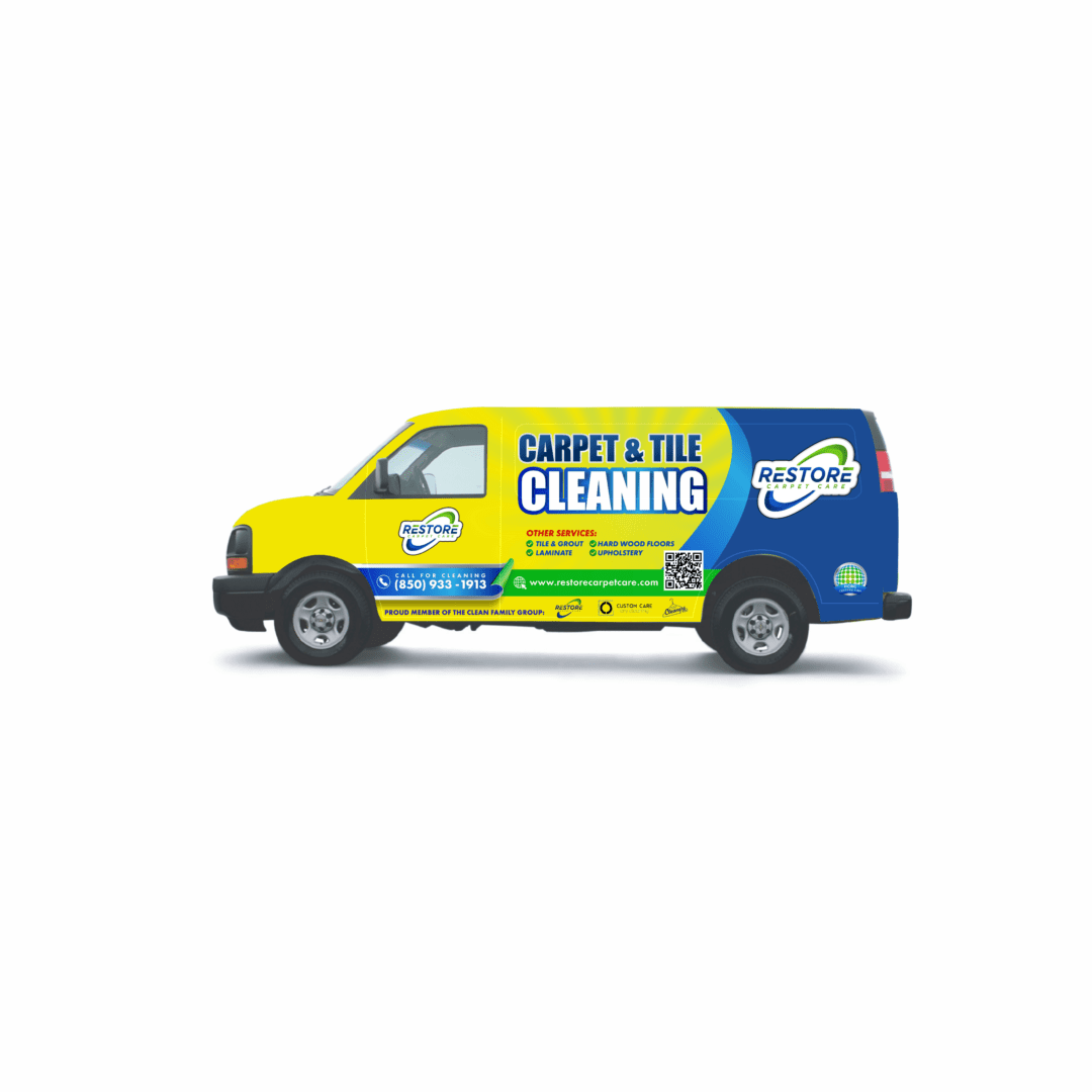 A van with carpet and tile cleaning on the side.