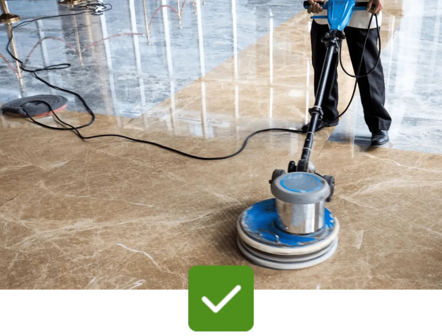 a person cleaning the floor and a checkmark sign